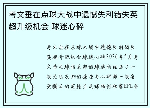 考文垂在点球大战中遗憾失利错失英超升级机会 球迷心碎